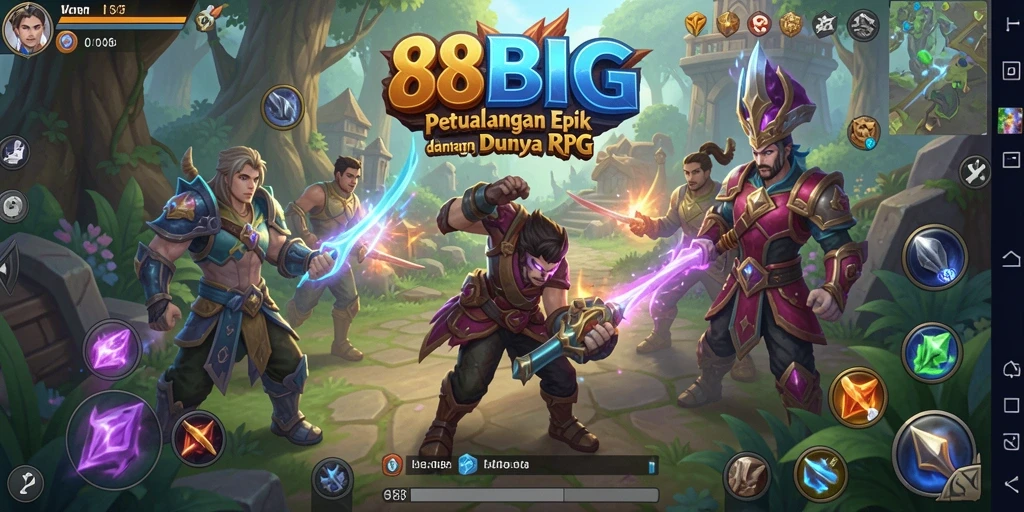 Screenshot menampilkan karakter heroik dalam pertarungan epik di dunia RPG.