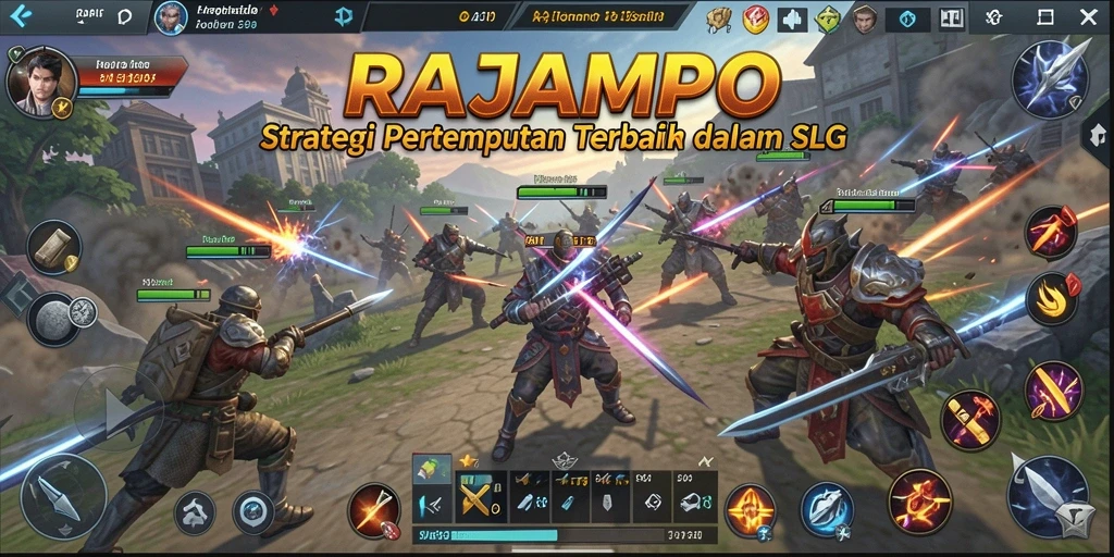 Screenshot utama RAJAMPO menampilkan pertempuran seru dan strategi SLG.