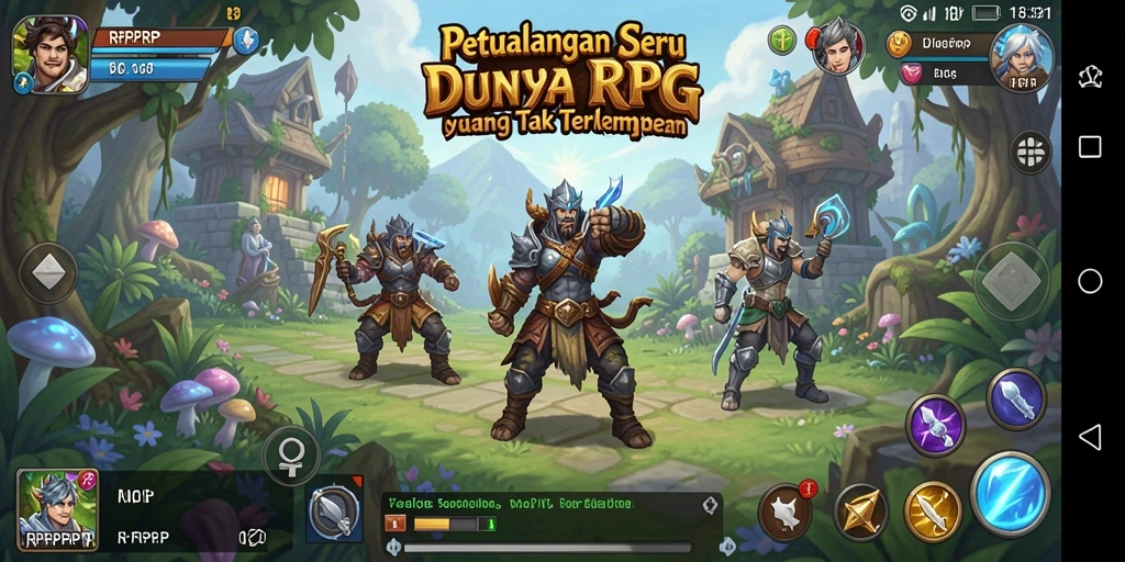 Screenshot menunjukkan pemain melawan monster dalam pertarungan RPG yang seru.
