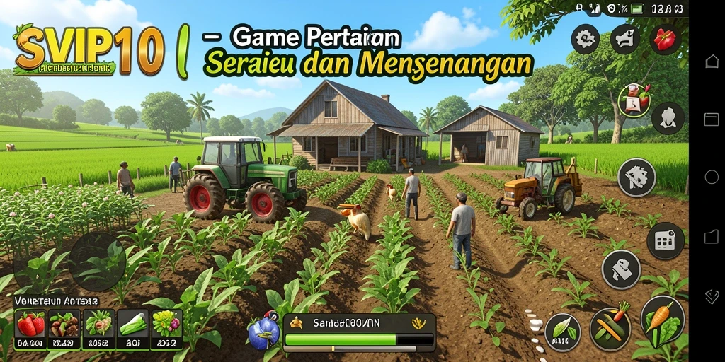 Screenshot gameplay SVIP10 menunjukkan suasana pertanian yang cerah dan interaktif.