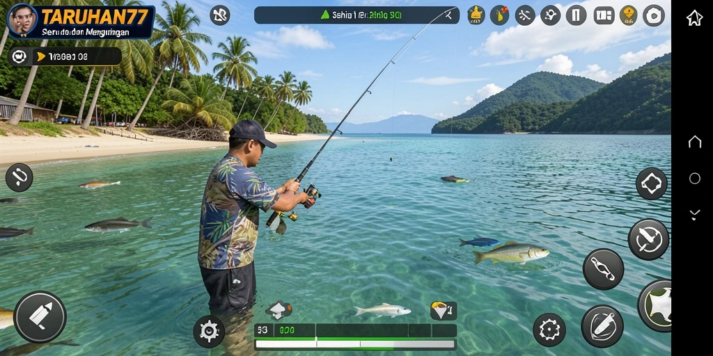 Tampilan gameplay TARUHAN77 menampilkan aksi memancing yang seru dan menegangkan.
