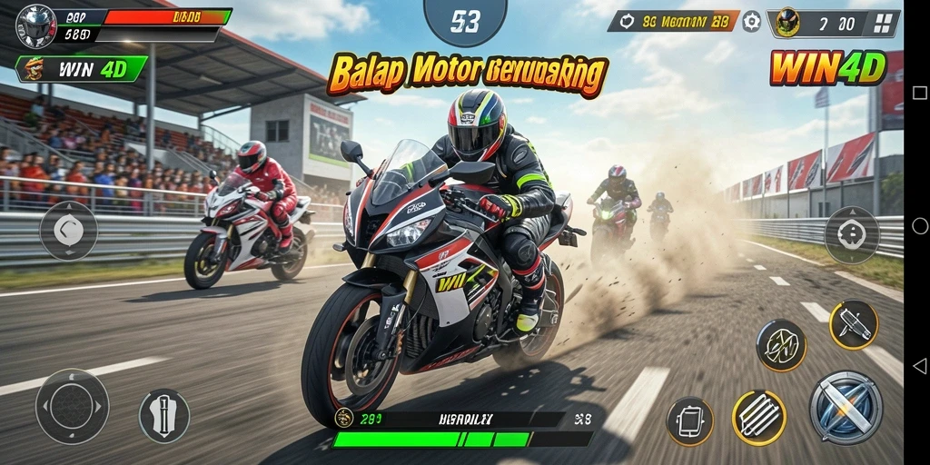 Screenshot gameplay WIN4D menampilkan balapan motor yang seru dan cepat.
